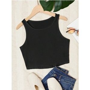 X-Large EZwear Solid Black Crop Tank Top